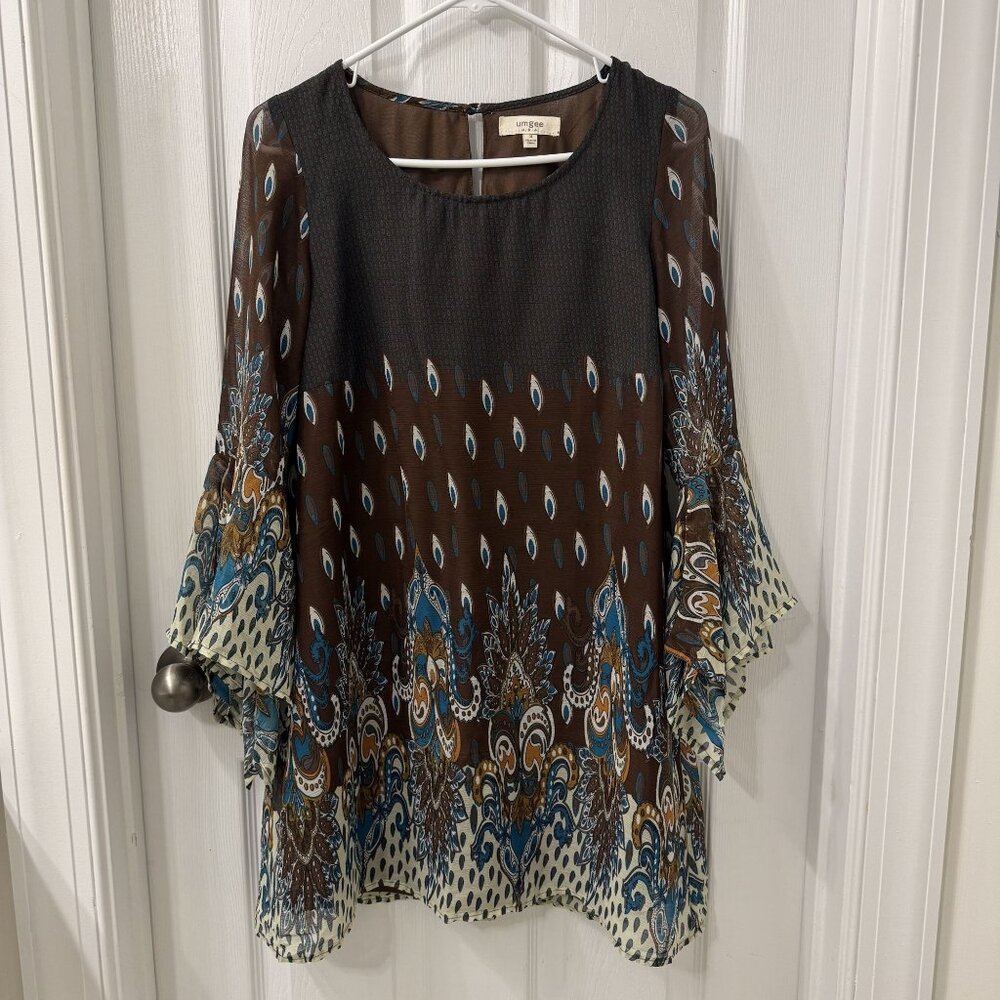 Umgee Womens Brown 3/4 Flutter Sleeve Peacock Print Mini Dress Sz S Boho Fairy